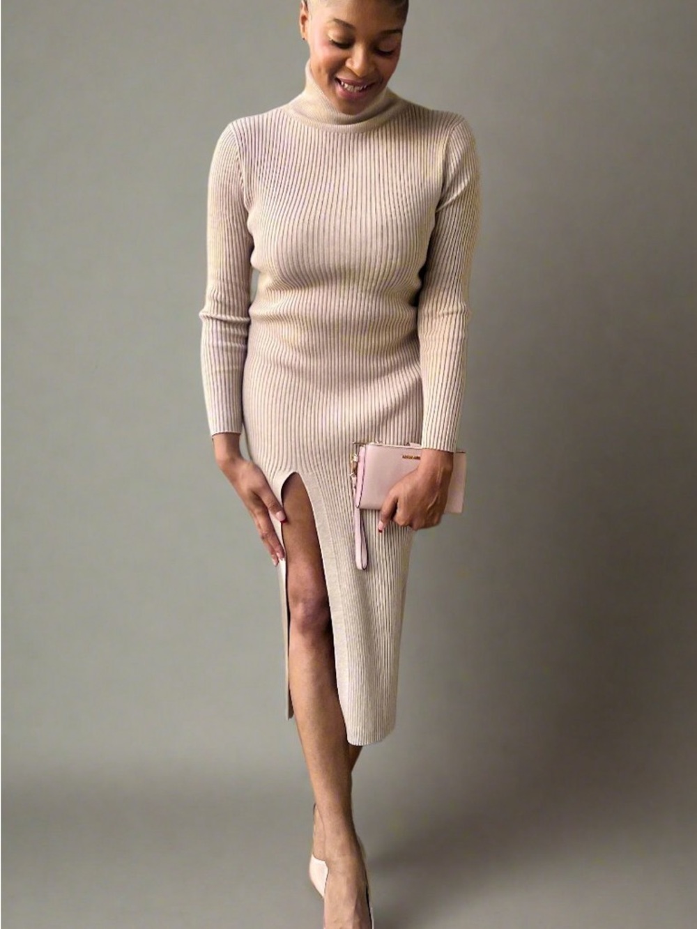 Ribbed Turtleneck Midi Dress - Blush